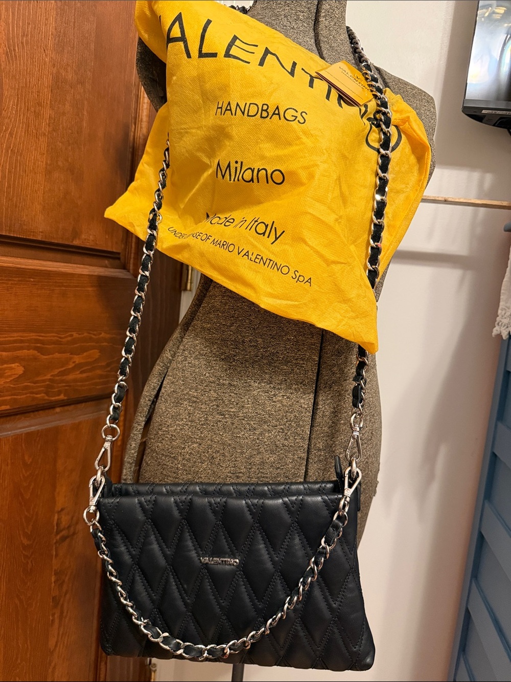 Mario Valentino Black Quilted Crossbody with Chain Strap